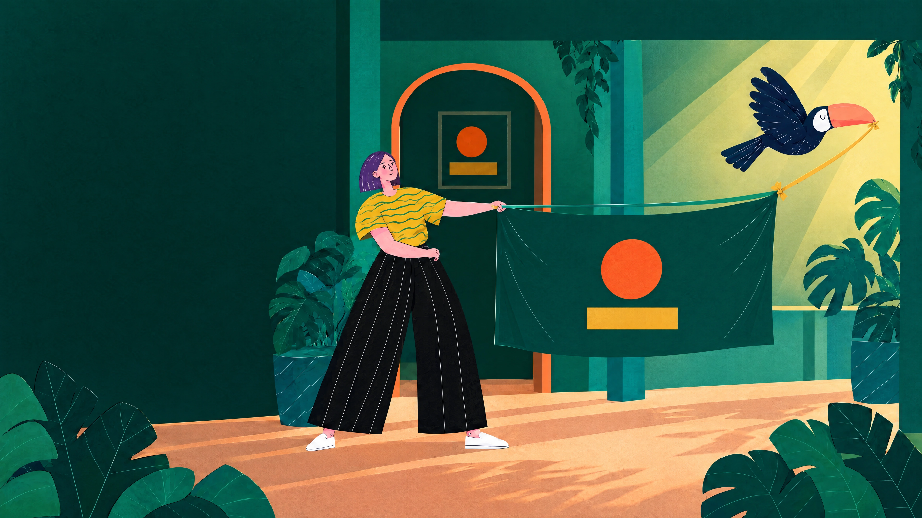 The studio collaborator launches the campaign, guided outward by a dark-winged toucan.