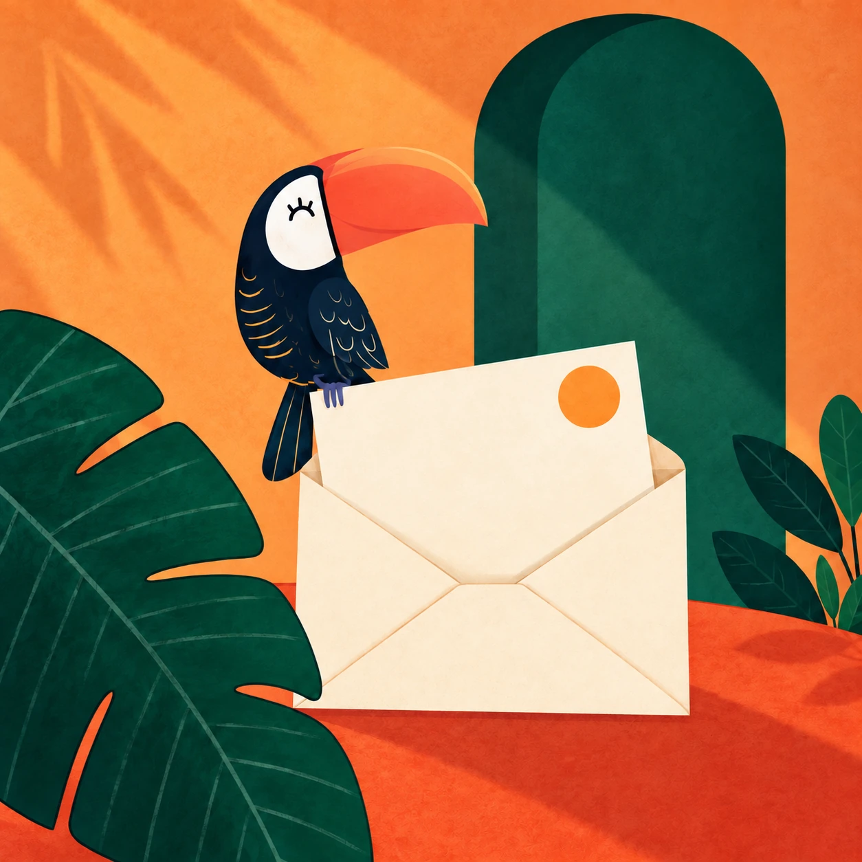 Toucan's dark-winged bird perched on an open envelope, ready for a new conversation.